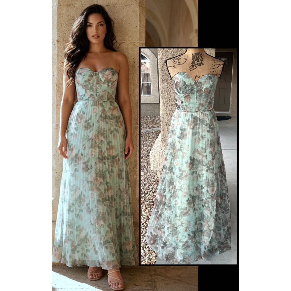Lulus Most Beautiful Day Sage Multi Floral Print Organza Maxi Dress Size M